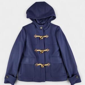 J Crew Wool Coat Womens 10 Navy Melton Hooded Duffle Toggle Italian Mill B0647